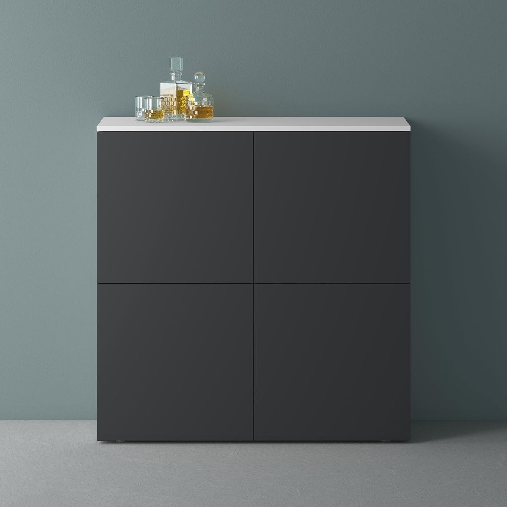 Mai & Mai Möbel Kommode Aufbewahrungsschrank mit 4 Türen in Weiß matt + Anthrazit matt Sideboard Schrank Mehrzweckschrank BTH: 100x36,4x98cm Sch...