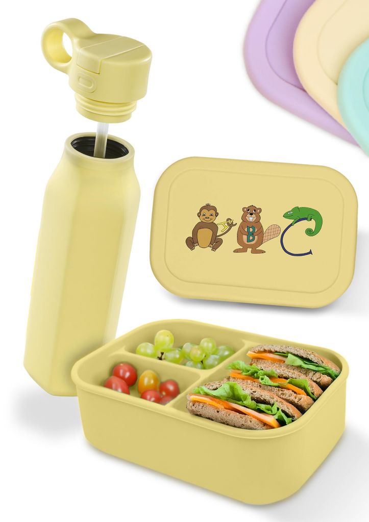 Lunchbox-Set „Schulhelden“ – Silikon-Lunchbox für Kinder mit ABC-Motiven und Trinkflasche – bruchfest und auslaufsicher, BPA-frei, spülma...
