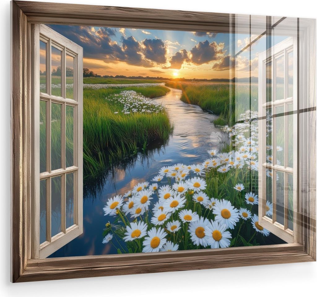 MuchoWow Glasbilder - Bilder auf Wandbild - Foto auf Glas Aussicht - Landschaft - Fenster - Wasser - Sonnenuntergang 80x60 cm Wanddekoration aus Gl...