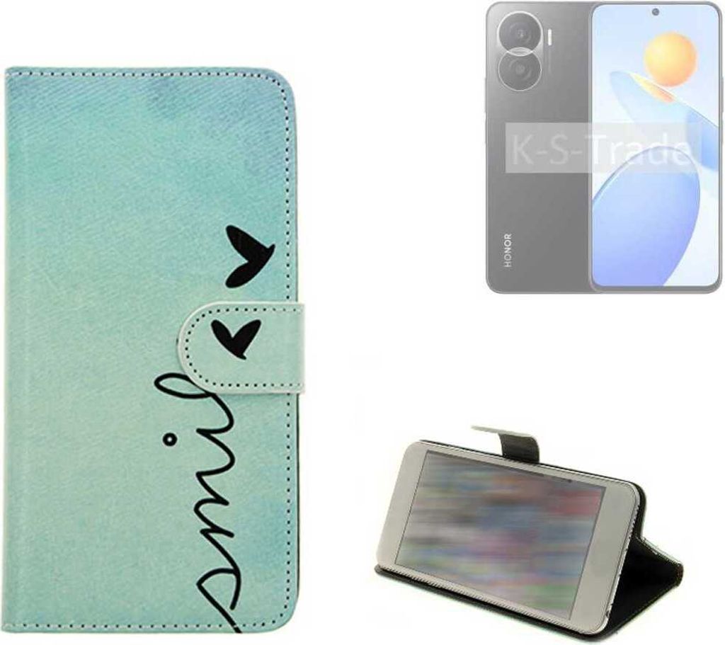 K-S-Trade Schutz Hülle Handy Hülle kompatibel mit Honor Play 7T Pro Hülle Handyhülle cover bookstyle Etui Handyhülle “smile“ türkis