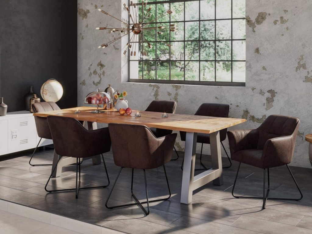 7tlg. Essgruppe Dora 220 x 100 cm, Mangoholz massiv & naturfarben, Baumkantentisch mit A-Metallgestell in Silber + 6X Stuhl Kirin in Wildleder-Optik