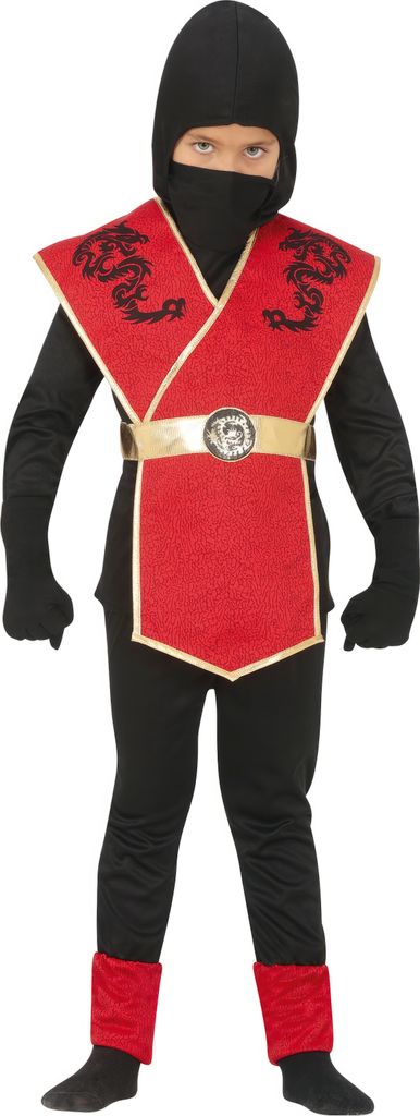 Ninja Krieger Kostüm Kinder Rot Schwarz Kapuze Gilet Komplettset Abenteuer, Größe: 110/116 Farbe: Rot