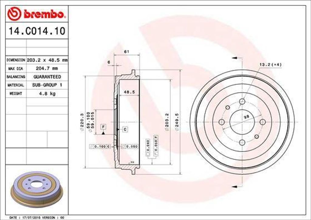BREMBO 14.C014.10 Bremstrommel OE 424754 kompatibel mit Bipper, Nemo