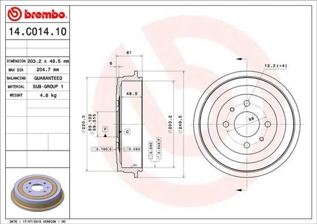 Tambour de frein Brembo 14.C014.10 origine pour Nemo et Bipper AA