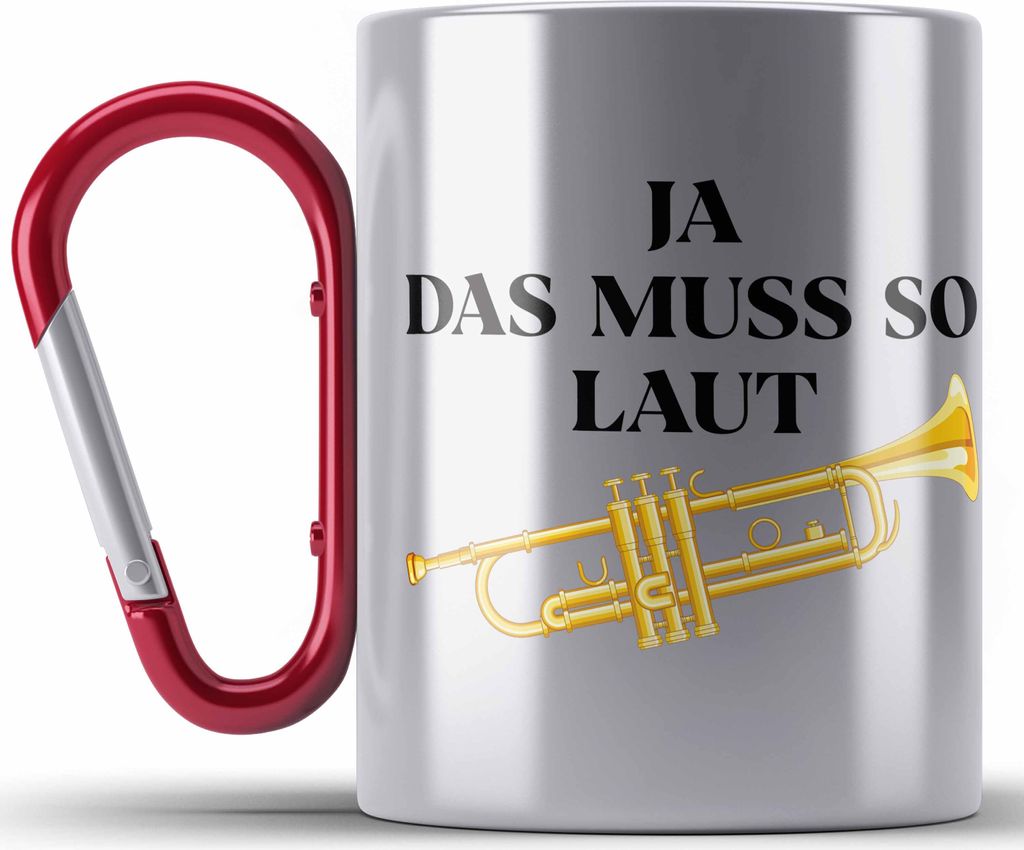 Trendation - Trompete Edelstahl Tasse Karabiner Geschenk für Musiker Trompeten-Spieler Tuten Geschenkidee Lustig Männer (Rot)