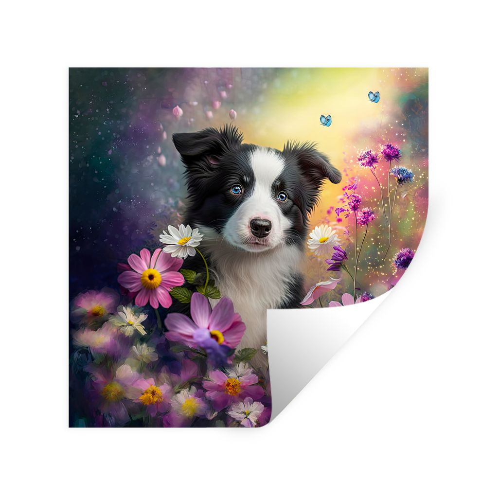MuchoWow Wandtattoo Wandsticker Wandaufkleber Hund - Blumen - Natur - Welpe - Border Collie 80x80 cm Selbstklebend und Repositionierbar - Wierder...