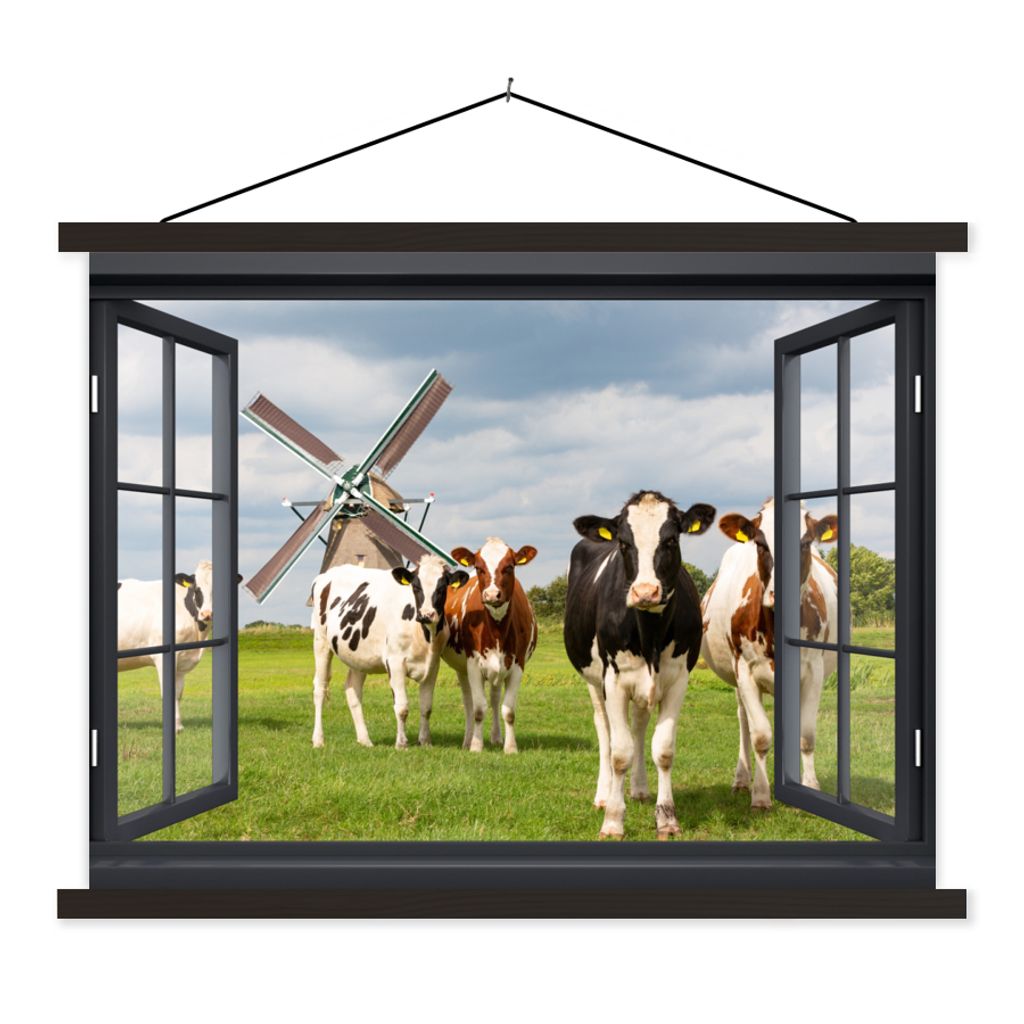 MuchoWow Textilposter Aussicht - Kuh - Mühle - Kühe - Wiese - Gras - Grün 60x45 cm mit schwarzem Rahmen - Poster Schlafzimmer