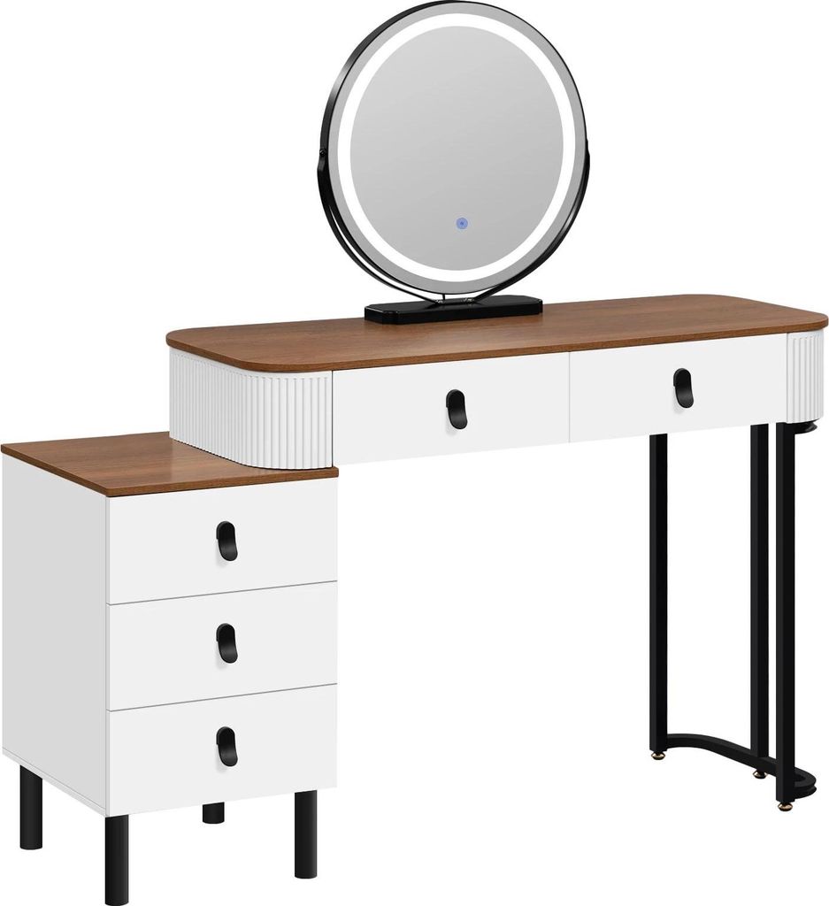Schminktisch - Frisiertisch - LED mit 3 Lichtmodi - 360° Drehbarer Spiegel - Flexibler Seitenschrank - 5 Schubladen - 100 x 125 x 40 cm - Braun