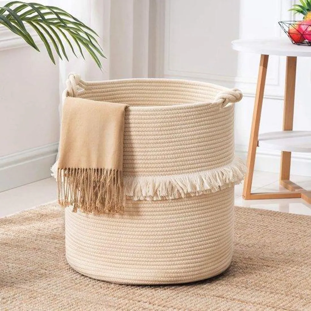 Grand panier de rangement en coton tressé style bohème chambre enfant