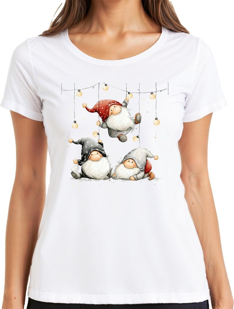 Weihnachtswichtel Lichterkette niedlich skandinavisch Geschenk Damen T-Shirt, Weiß, XL