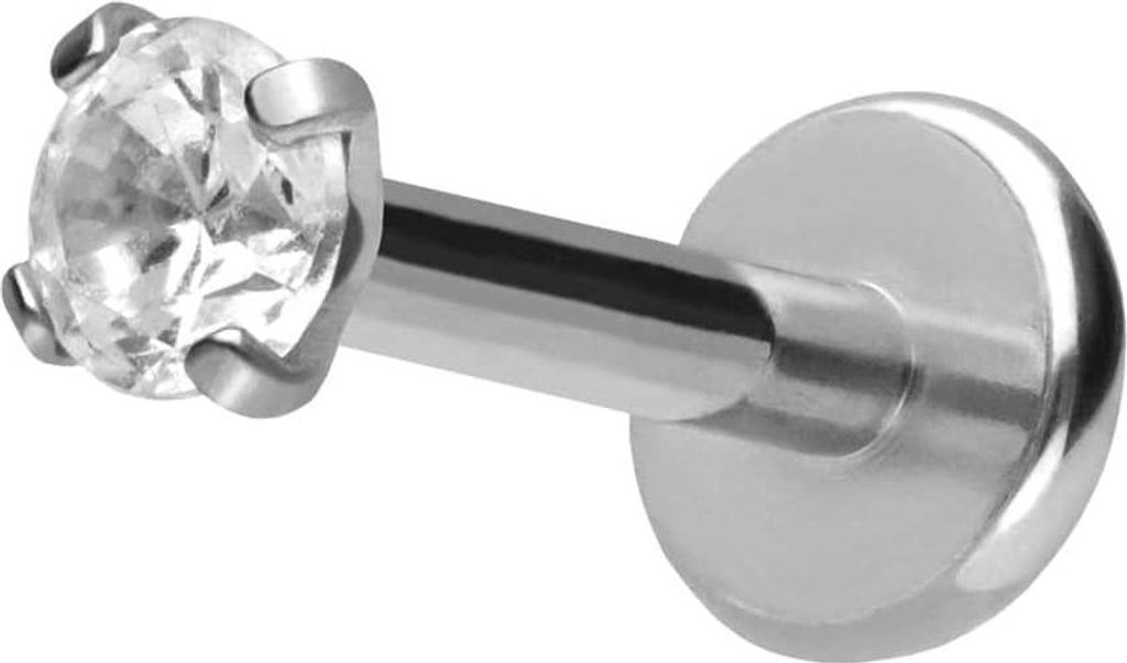Ohrpiercing, Nasenpiercing Titan Labret mit Push Fit EINGEFASSTER KRISTALL Silber Stablänge: 10mm | Stabstärke: 1,2mm | Kristallgröße: 2,5mm
