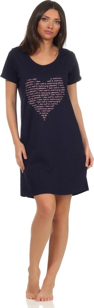 Damen Nachthemd kurzarm Schlafshirt mit Herz Motiv ; marine , S