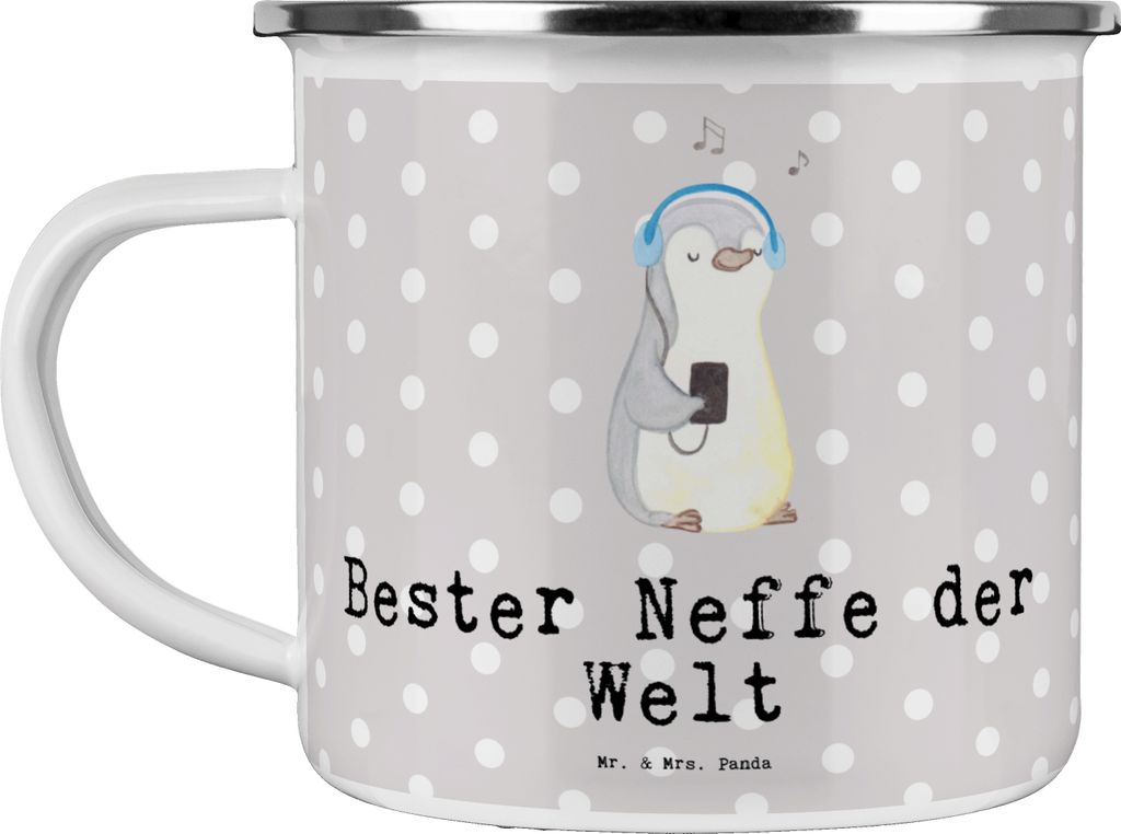 Mr. & Mrs. Panda Emaille Tasse Pinguin Bester Neffe der Welt - Grau Pastell - Geschenk, Taufe, Campingbecher, Tante, Haferl, Teetasse, Geschenkidee...
