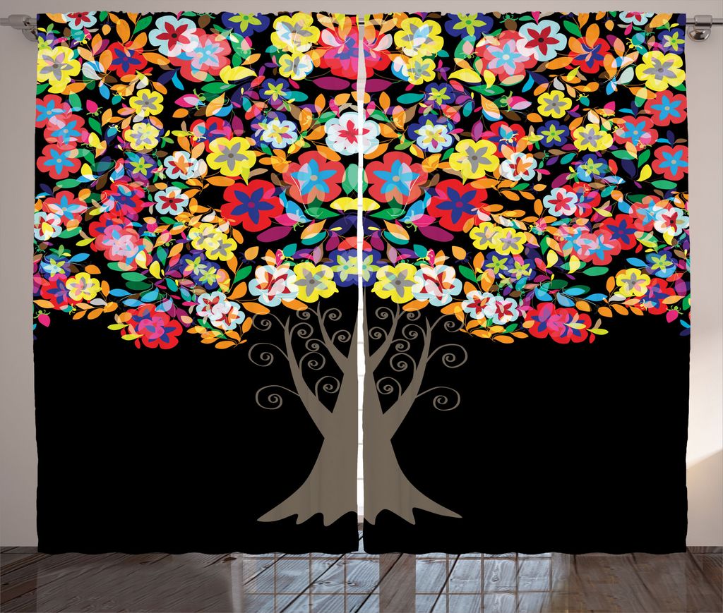 ABAKUHAUS Bunt Rustikaler Gardine, Blumenbäume Blüten, Schlafzimmer Kräuselband Vorhang mit Schlaufen und Haken, 280 x 175 cm, Mehrfarbig