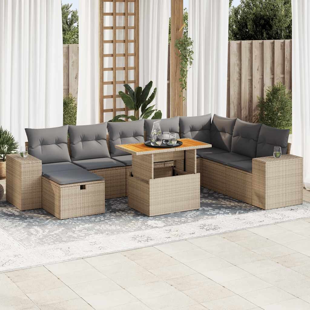 "Rabatt" 9-tlg. Garten-Sofagarnitur - mit sofa - mit Kissen Beige Poly Rattan Akazie - Lounge-Dining set CC12211