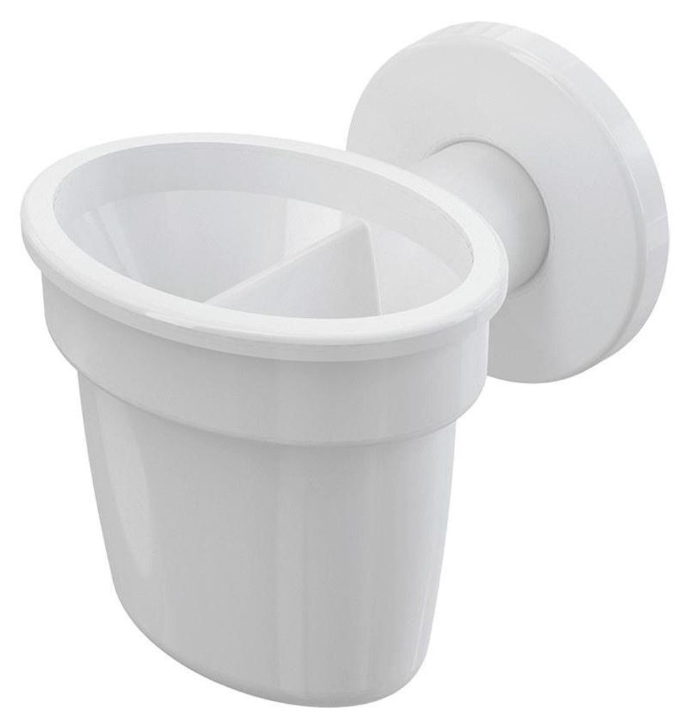 A white bathroom accessory, likely a toothbrush holder, mounted on a wall.