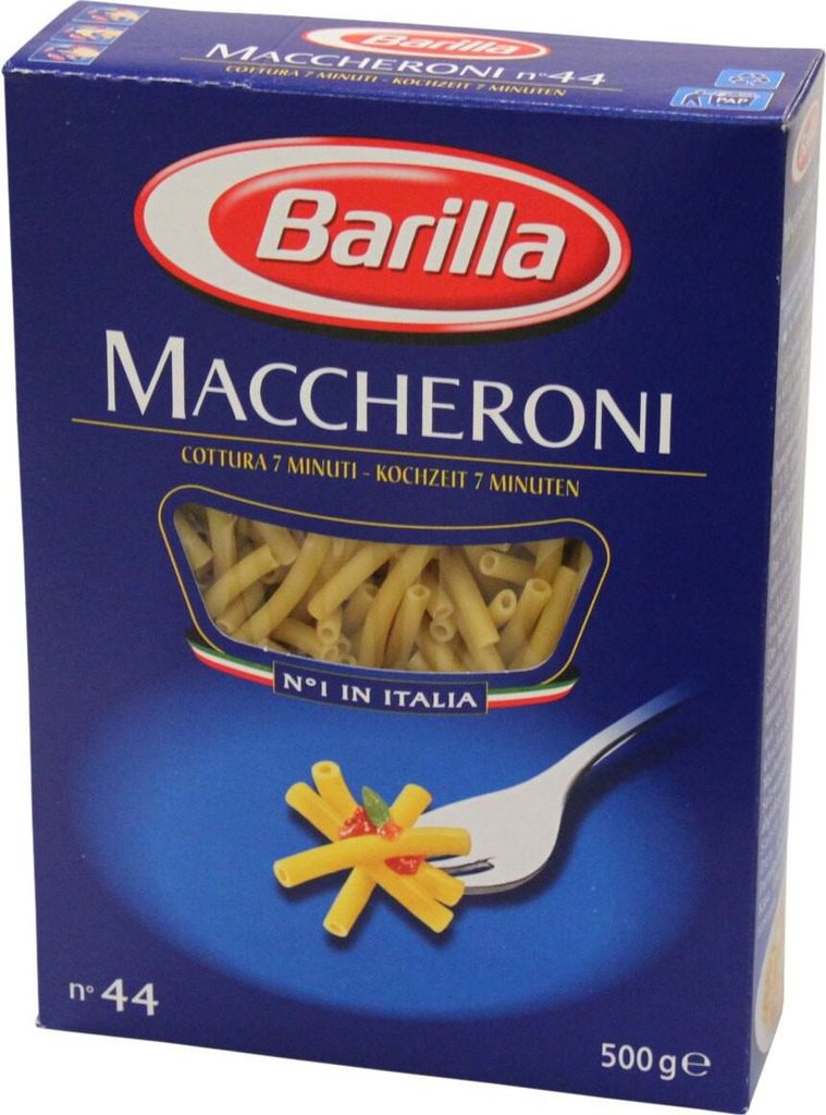 A box of Barilla Maccheroni pasta.
