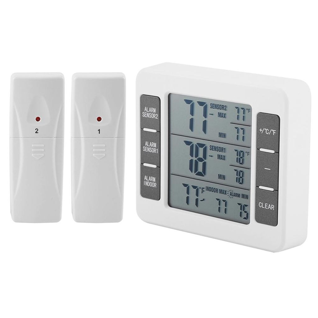 Kabelloses digitales Kühlschrankthermometer mit akustischem Alarm, Innen- und Außenthermometer mit Sensor, Gefrierfachthermometer mit Min-/Max-Te...