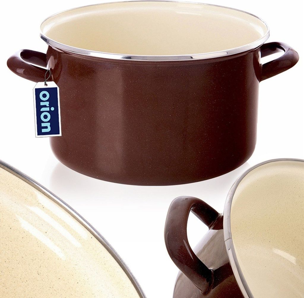 A brown enamel pot with cream interior and two handles, shown on a white background. A tag with the brand name 'Orion' is attached to one handle. Another pot is partially visible in the foreground.