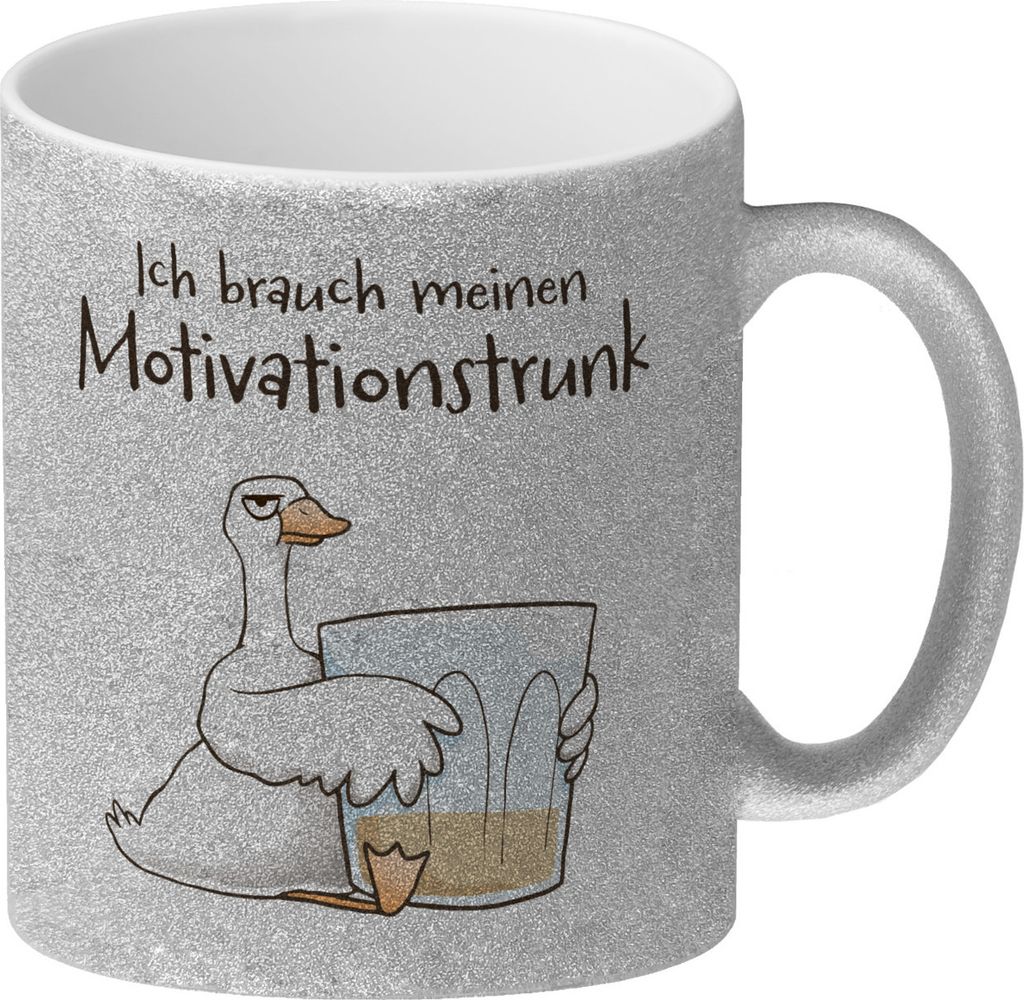 Gilbert die Gans Glitzer-Kaffeebecher mit Spruch Ich brauch meinen