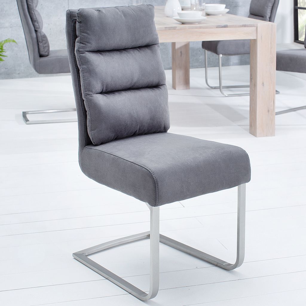 Design Freischwinger Stuhl COMFORT vintage grau Esszimmerstuhl Flachstahl aus gebürstetem Edelstahl Stuhl