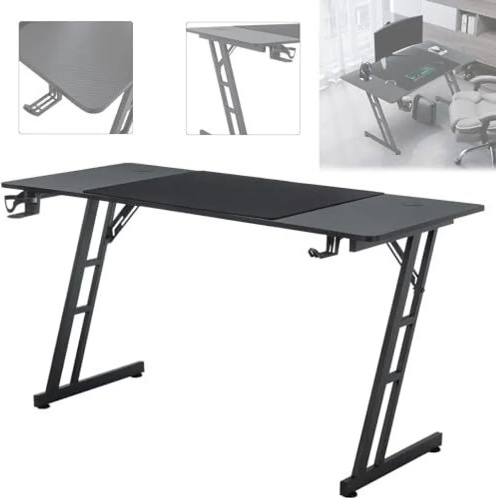 Table de jeu ergonomique 120cm noir, bureau d'ordinateur robuste en Z