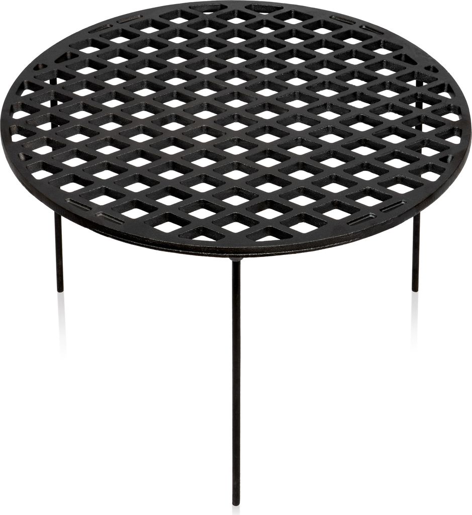 A black cast iron grill grate with three legs, shown from a slightly elevated angle against a white background.