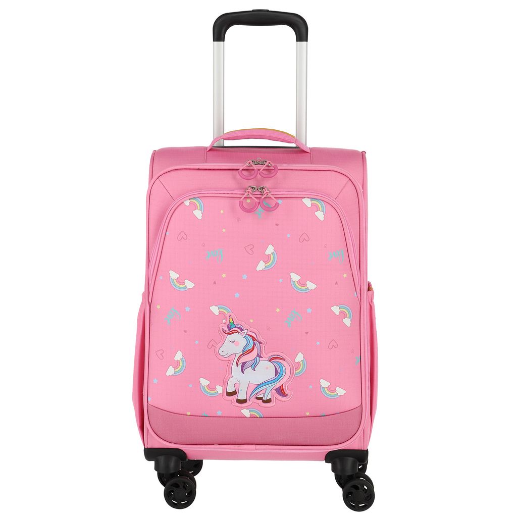A pink child's rolling suitcase with a unicorn and rainbow pattern.