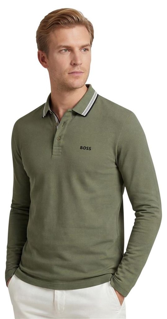 Grünes Poloshirt Boss Green Plisy 100% Baumwolle Piqué Langarm