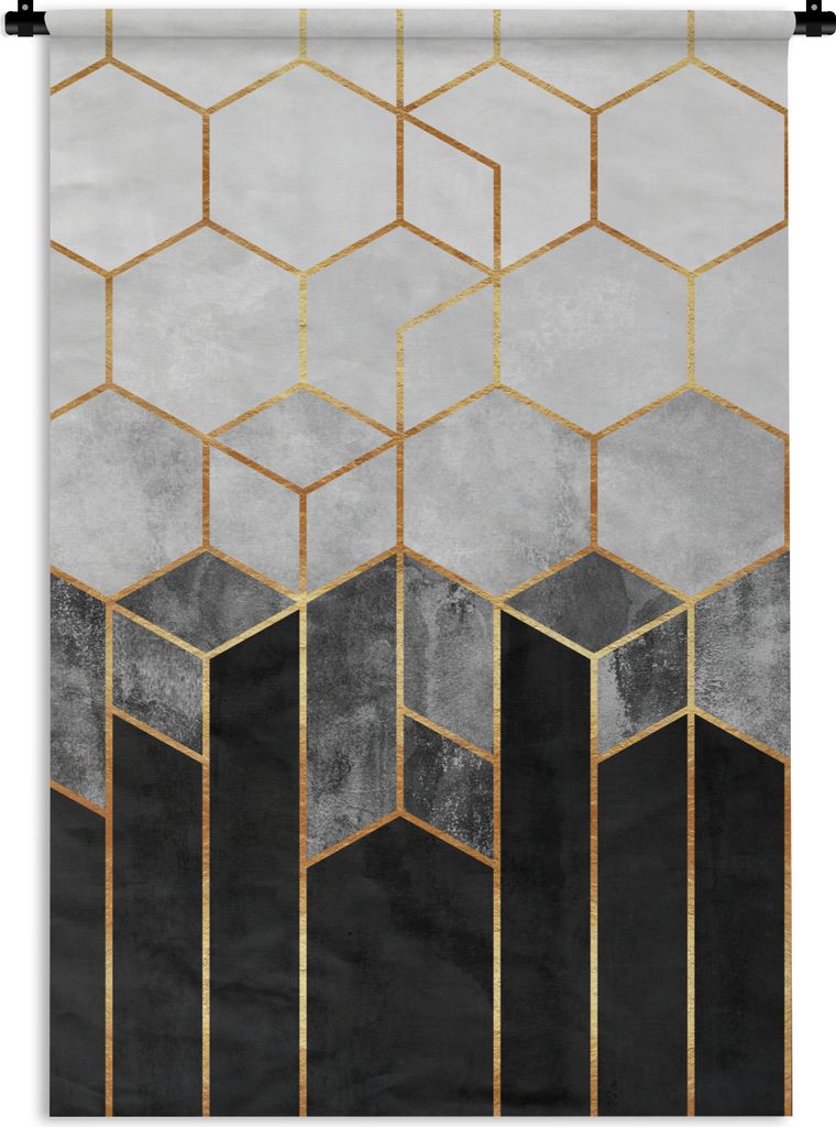 MuchoWow Wandteppich Wandbehang Gold - Sechseck - Chic - Muster - Luxus 60x90 cm Tapisserie Dekoration Wandtuch - Foto-Teppich - Abwaschbar