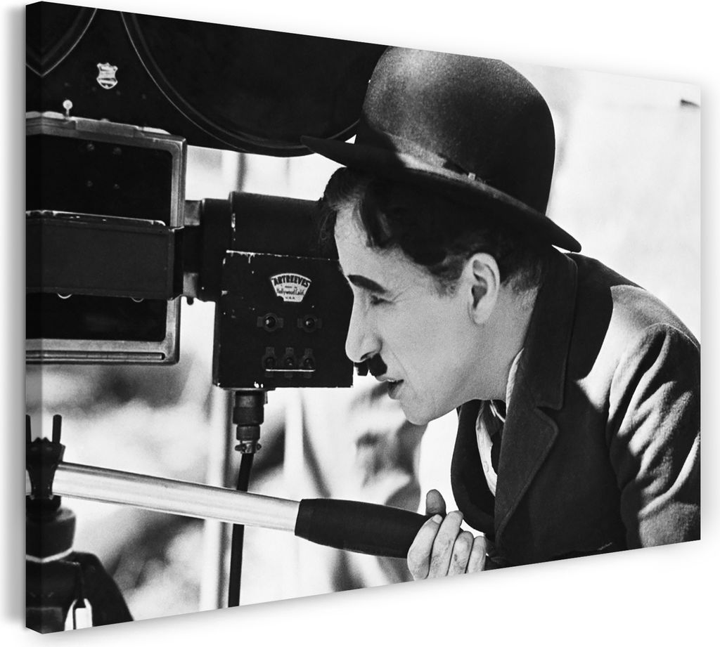 Leinwandbild (80x60cm): Charlie Chaplin King of Comedy hinter der Kamera, echter Holz-Keilrahmen inkl. Aufhänger, handgefertigt in Deutschland