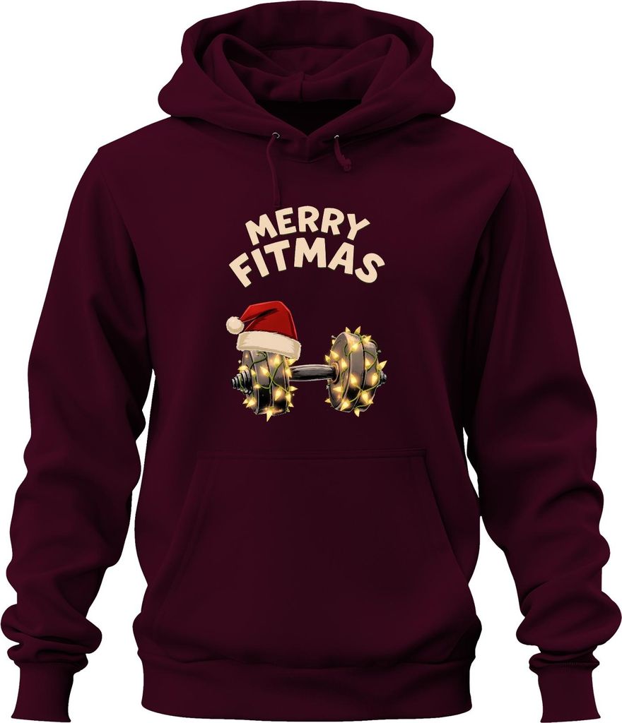 Merry Fitmas Fitness Hantel Weihnachten Geschenk Lustig Uni Hoodie Kapuzenpullover, Burgundy, 3XL