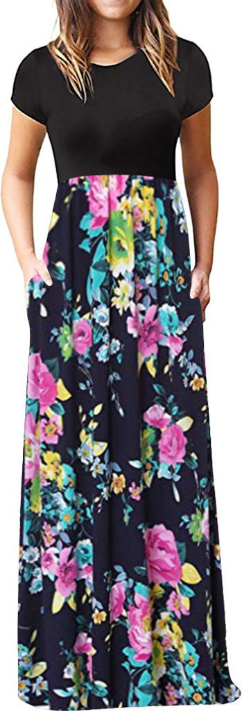 ASKSA Damen Kurzarm Sommer Casual Long Maxi Kleider mit Taschen (Rosa,L)
