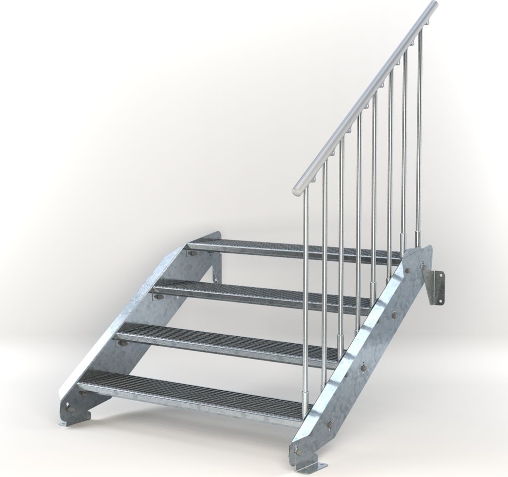 Stahltreppe 4 Stufen bis Höhe 84 cm, Laufbreite : 120 cm Geländer rechts ST 1 (31 / 31 mm)
