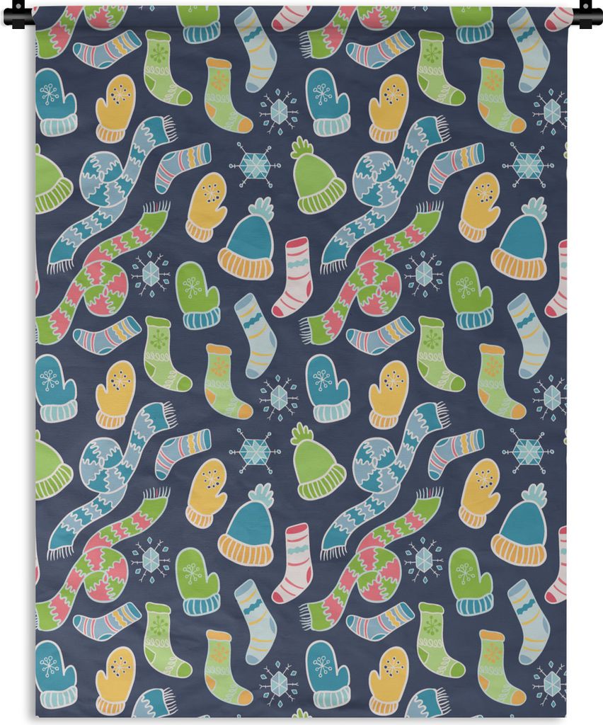 MuchoWow Wandteppich Wandbehang Schal - Handschuhe - Mütze - Regenbogen - Winter - Schnittmuster 150x200 cm Tapisserie Dekoration Wandtuch - Wan...