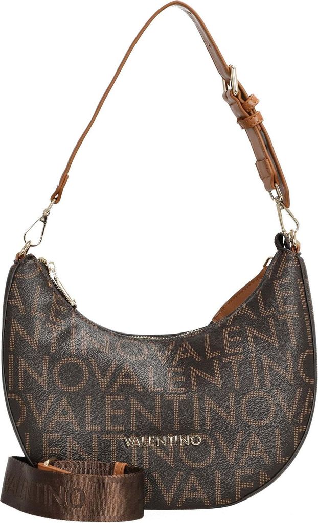 A brown Valentino Bags Beuteltasche Regina handbag with a repeating logo pattern.