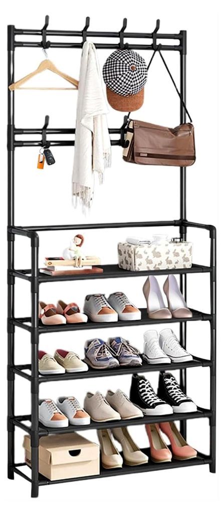 Garderobenständer mit Schuhregal, 8 abnehmbaren Haken, 2-in-1 Design, Schuhregal mit 5 Ebenen für Eingangsbereich, Schlafzimmer, Flur, Büro, Sch...