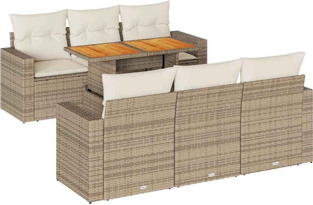 vidaXL 7-tlg. Garten-Sofagarnitur mit Kissen Beige Poly Rattan