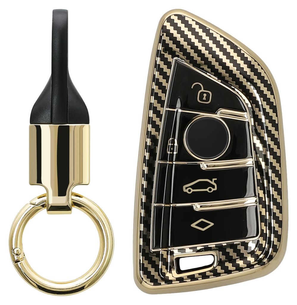 kwmobile Autoschlüssel Hülle kompatibel mit BMW 3-Tasten Smart Key Autoschlüssel Hülle - Schlüsselhülle mit Key Ring Anhänger - Cover Gold S...