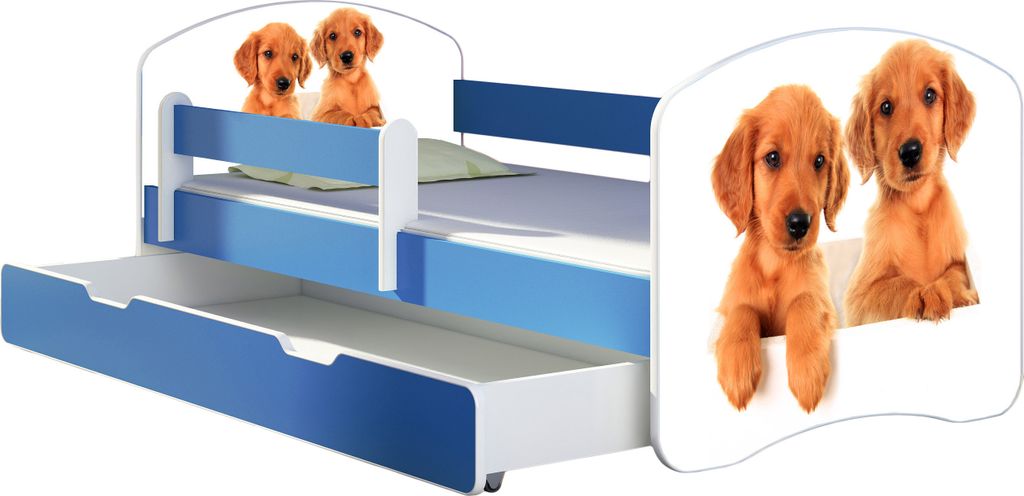ACMA Jugendbett Kinderbett Junior-Bett Komplett-Set mit Matratze Lattenrost und Rausfallschutz Blau 39 Welpen 140x70 + Bettkasten