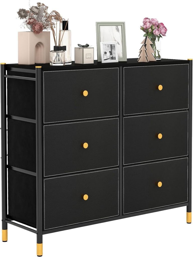 COSTWAY Stoffkommode mit 5 Schubladen, Schubladenkommode mit Metallrahmen, Sideboard mit Verstellbarer Fußpads & Kippsicherung, Korbregal für Woh...