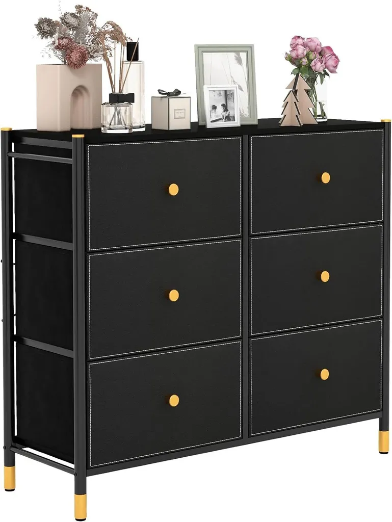 COSTWAY Commode en Tissu 5 Tiroirs avec Cadre Métal et Étagère en Osier