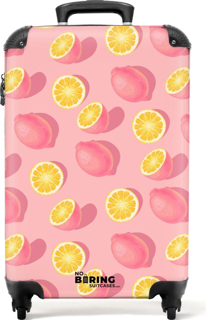 NoBoringSuitcases.com Koffer Handgepäck Trolley Rollkoffer Kleine Reisekoffer mit 4 Rollen - Muster aus rosa und gelben Zitronen - Cabin Size < ...