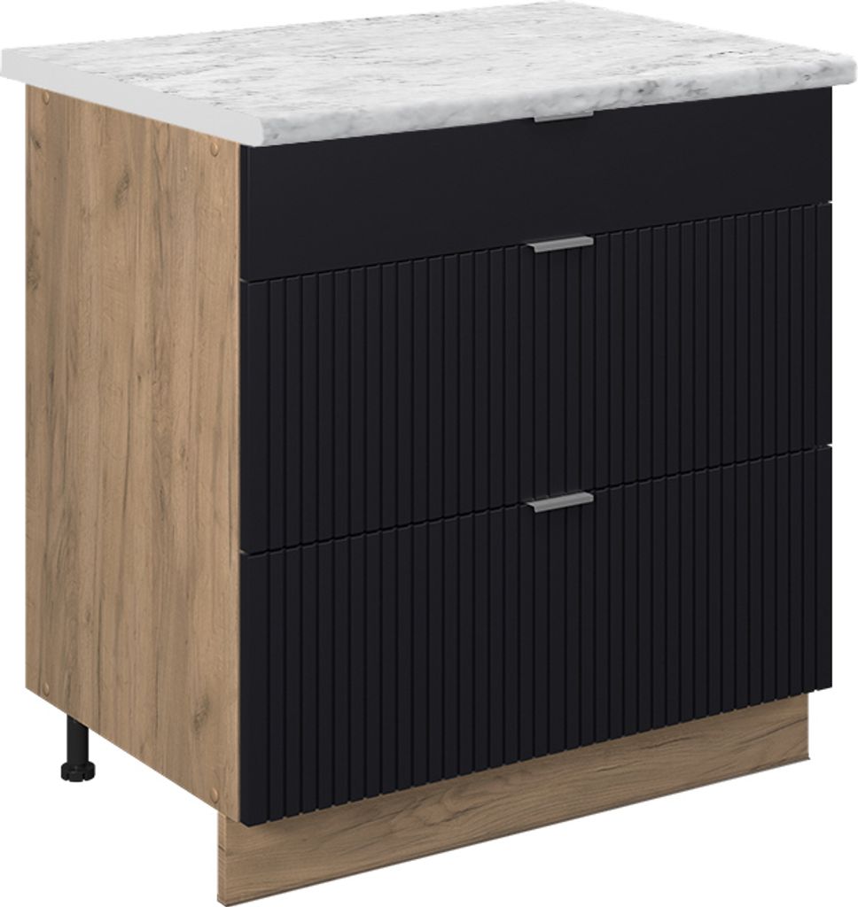 Küchenunterschrank Vicco Fame-Line Schwarz gestreift 80 cm mit 3 Schubladen, AP Marmor, Model 50909