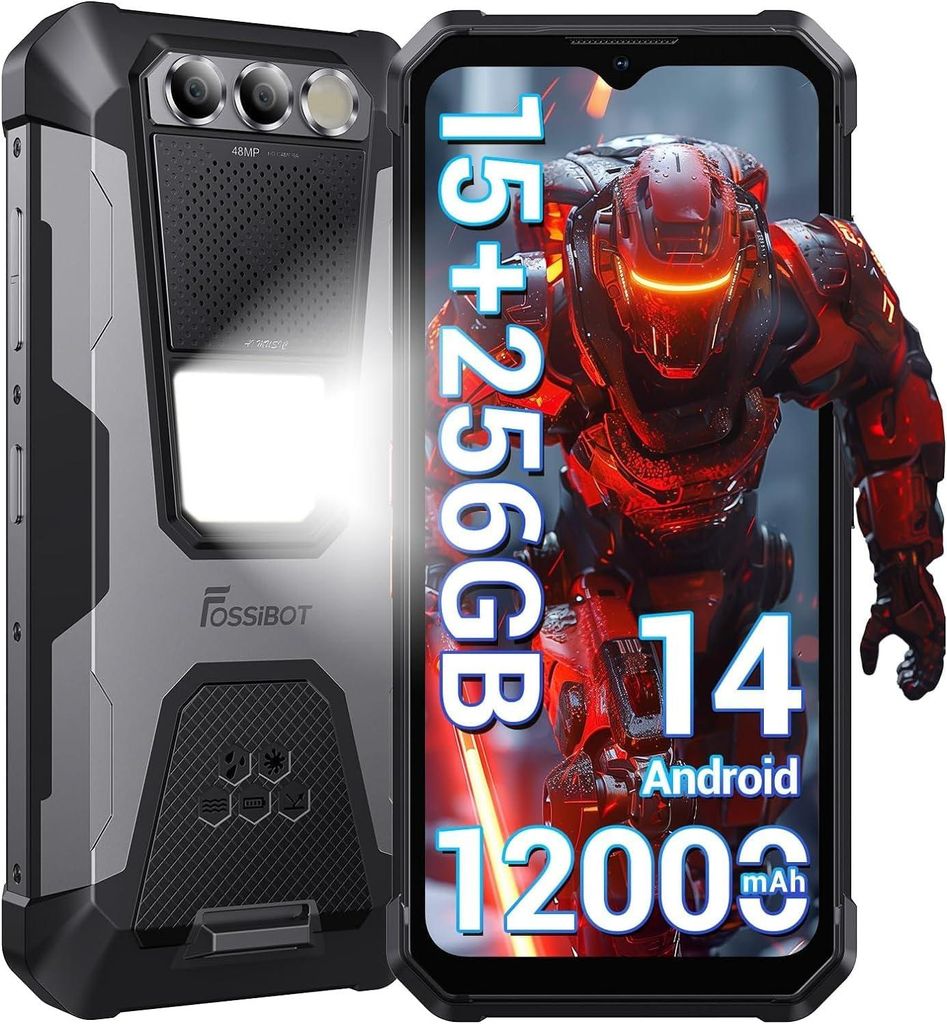 FOSSIBOT F106 Pro Android 14 Outdoor Handy Ohne Vertrag mit 110dB Stereo Lautsprecher 15GB+256GB 12000mAh 6.58" FHD+ 4G Smartphone NFC IP68, Schwarz