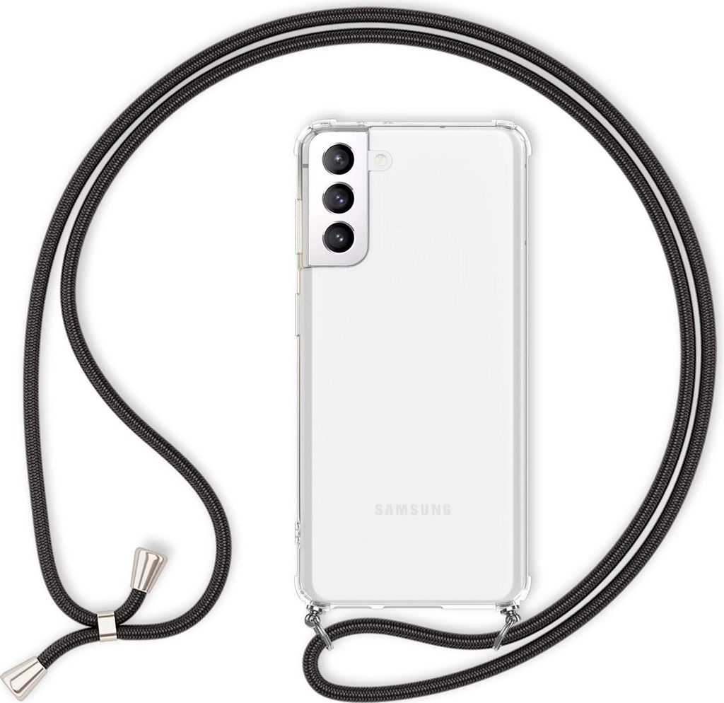 NALIA Handyhülle mit Kette für Samsung Galaxy S22, Transparente Klare Schutzhülle & Handy-Schnur zum Umhängen Schwarz