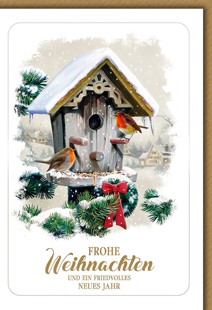 Weihnachten Vögelchen im Futterhäuschen Glückwunschkarte mit Umschlag