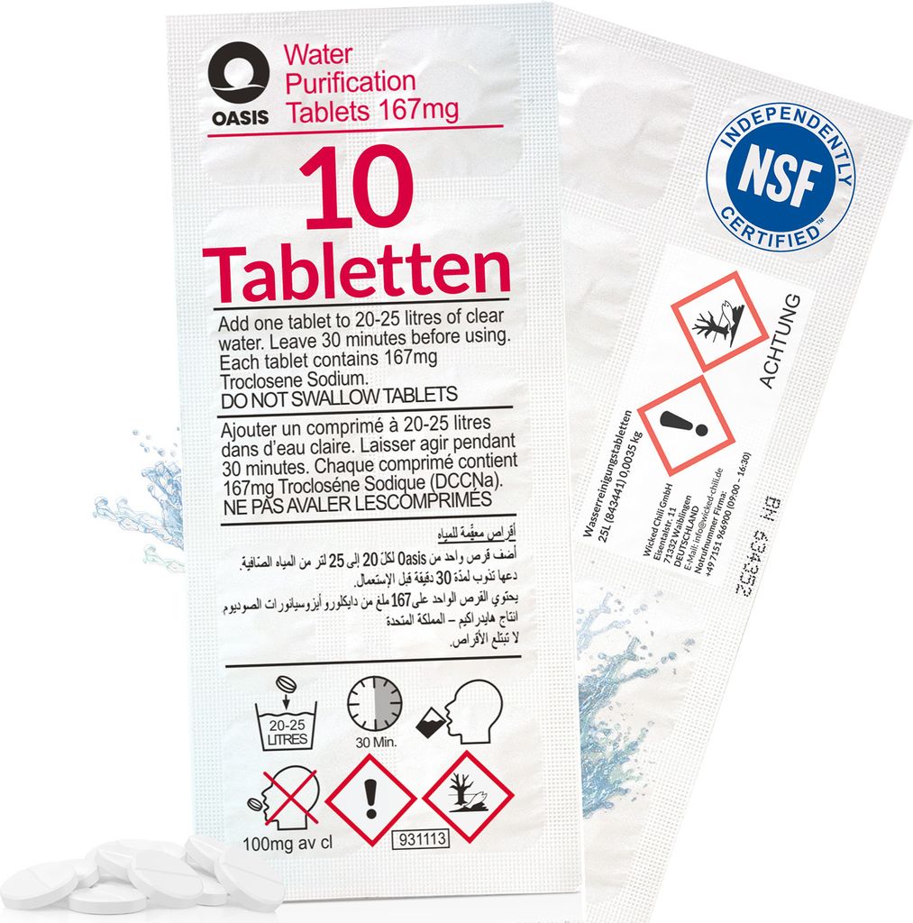 Wicked Chili Oasis 10x Wasserreinigungstabletten - 20-25 Liter Trinkwasser pro Tablette, Chlortabletten, Water Purification Tablets für Reiseapoth...
