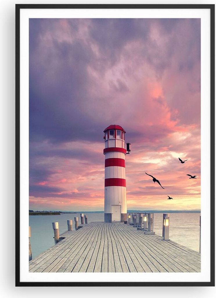 Gerahmtes Poster - Schwarzer Rahmen - Laterne Meer Küste - 70x100 cm - Wand Bild - Wanddeko - Wandbilder - Kunstposter - Wandposter - Bilderrahmen...