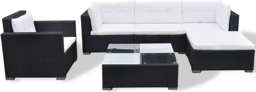 6-tlg. Garten-Lounge-Set mit Kissen Poly Rattan Schwarz